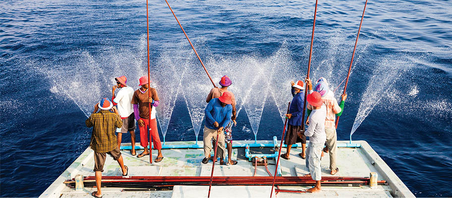 8 men in hats standing on back of a boat with poles and lines to catch tuna