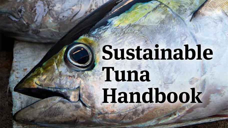 Large tuna head on blue background with text: MSC Sustainable Tuna Handbook
