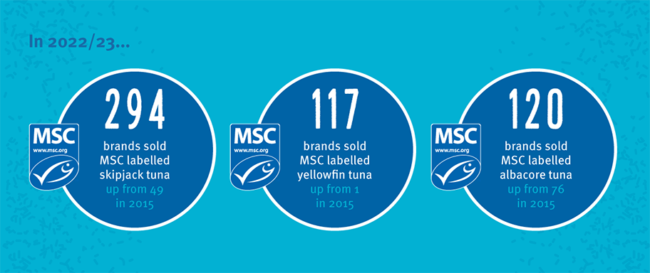 Number of brands selling MSC labelled tuna in 2022: 202 selling skipjack, 106 selling yellowfin, 122 selling albacore