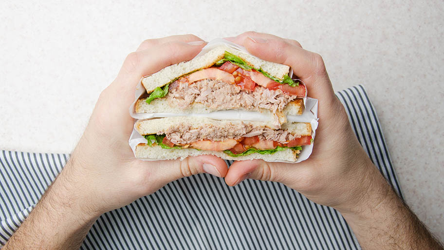 Hands holding tuna sandwich with tomatoes and lettuce