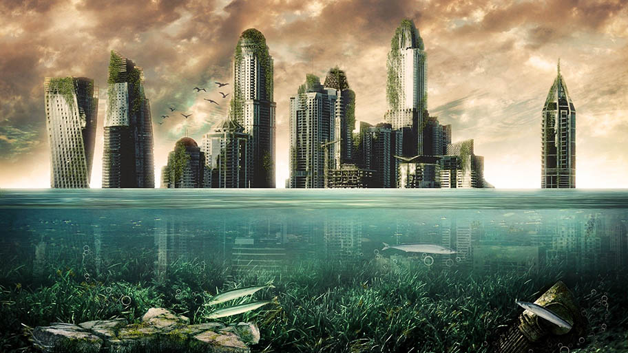 Fantasy illustration of tall buildings partly submerged underwater with fish