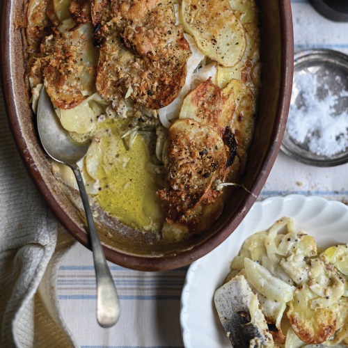Hake and potato bake with mustard