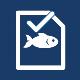 White fish with box and tick icon on blue background