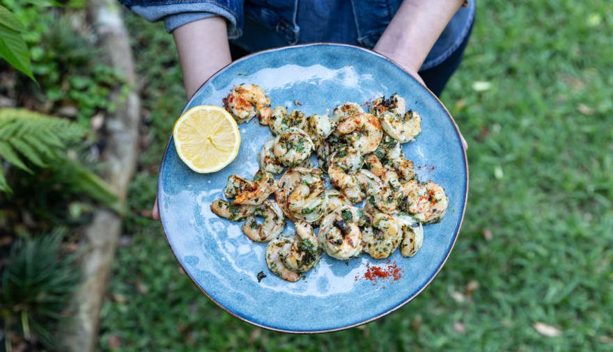 Chermoula wild banana prawns with lemon and coconut tahini