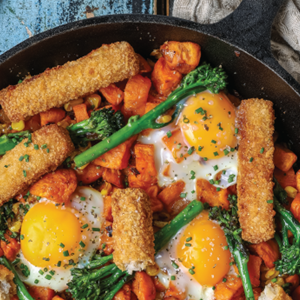 Sweet Potato Breakfast Hash with Fish Fingers