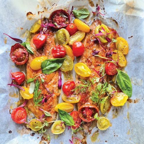 Roasted mackerel and mixed tomatoes
