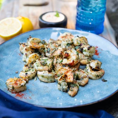 Wild banana prawns chermoula with lemon and coconut tahini