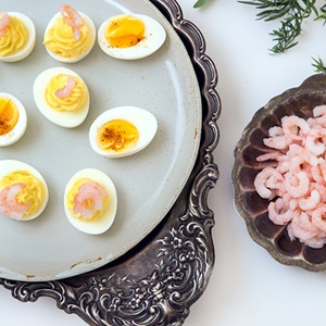 Classic devilled eggs with cold water shrimp