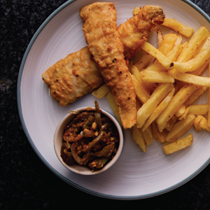 Beer-battered Hake & Chips with Atchar