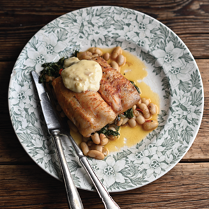 Hake with Nduja, White Beans & Kale