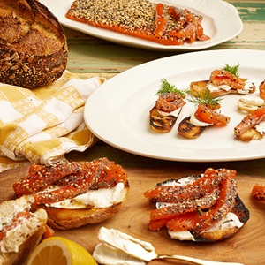 ‘Everything spice’ cured wild salmon, bagel crisps, cream cheese, dill and capers