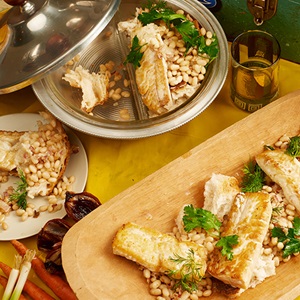 Haddock and “Stuffing” (White beans, smoky bacon, roasted shallots & rye bread)