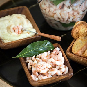 Pickled cold water shrimp with roasted garlic aioli 