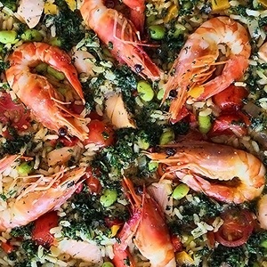 Forever salmon and prawn paella