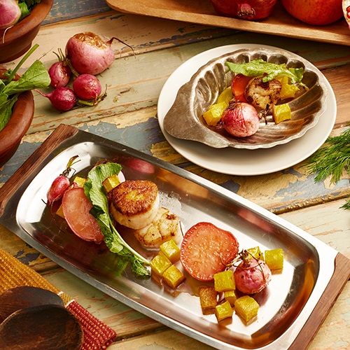 Warm salad of scallops, roasted squash, radishes and pomegranate