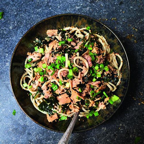 Tuna noodle salad served in a bowl