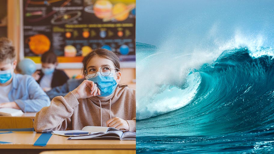 Split image of girl in classroom with mask on left and large ocean wave on right