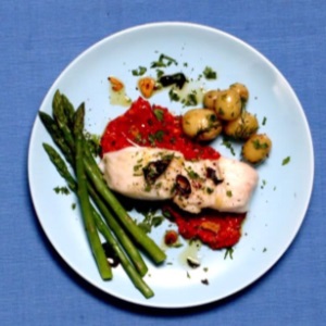 Basque-style hake with garlic and sauce romesco