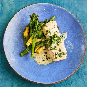 Creamy Coconut hake with grilled seasonal vegetables