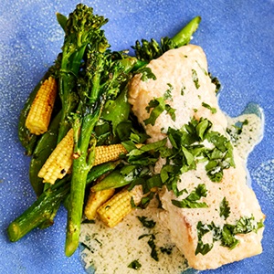 Creamy Coconut Hake with grilled seasonal vegetables