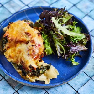 Fish lasagne with cauliflower, spinach and cottage cheese