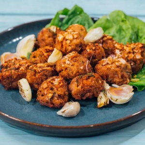 Air fried garlic tuna nuggets with lemongrass and lime leaves