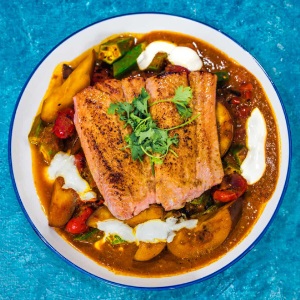 Tomato curry salmon with okra and eggplant
