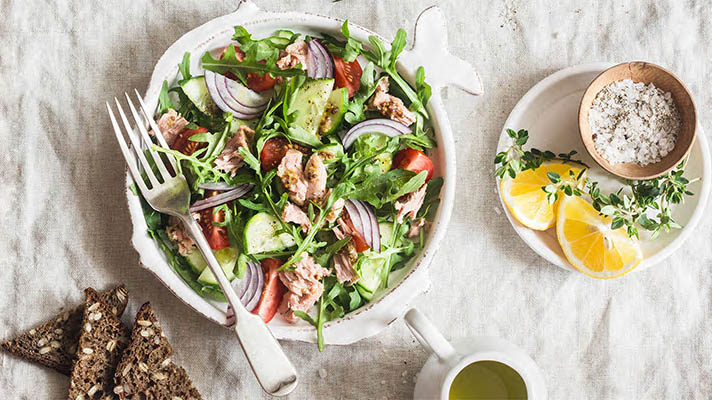 Tuna salad in bowl with fork