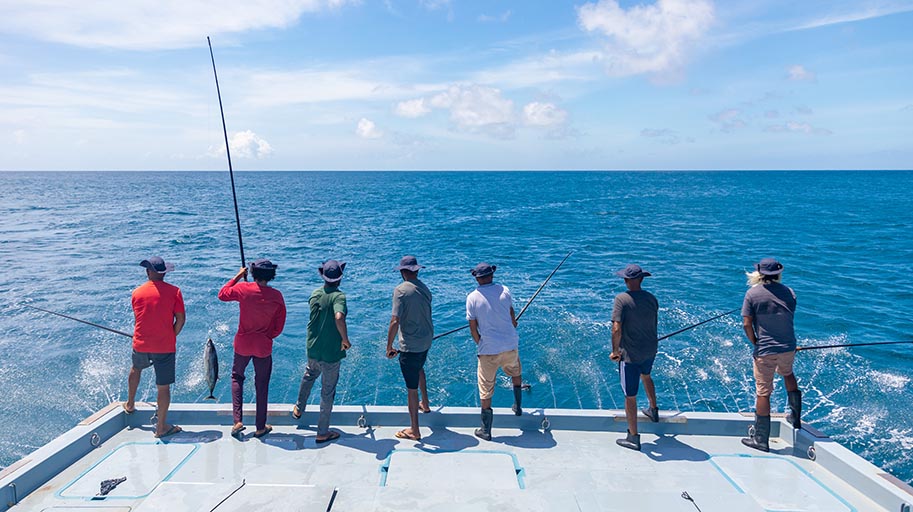 Seven fishers in shorts and hats facing away from camera, fishing on back of a boat with poles and lines