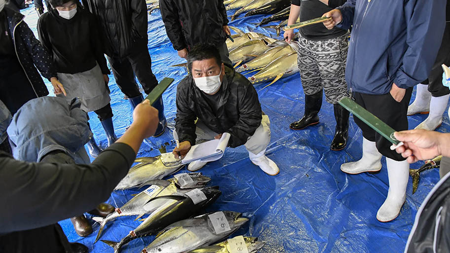 Man with clipboard crouching next to tuna on floor of fish auction room, surrounded by crowd.