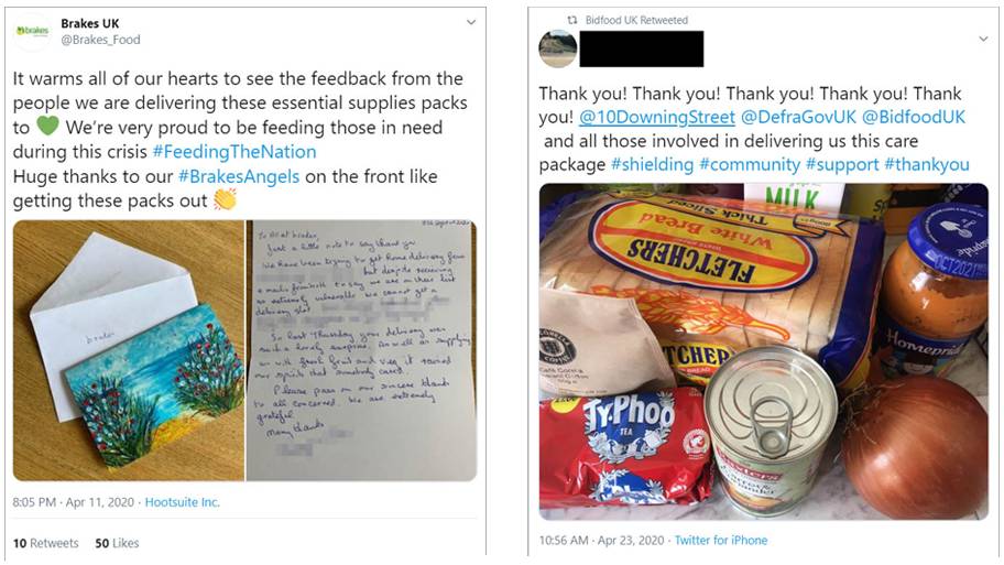 Brakes and Bidfood tweets Image of tweets with photographs of thank you letter and food packages