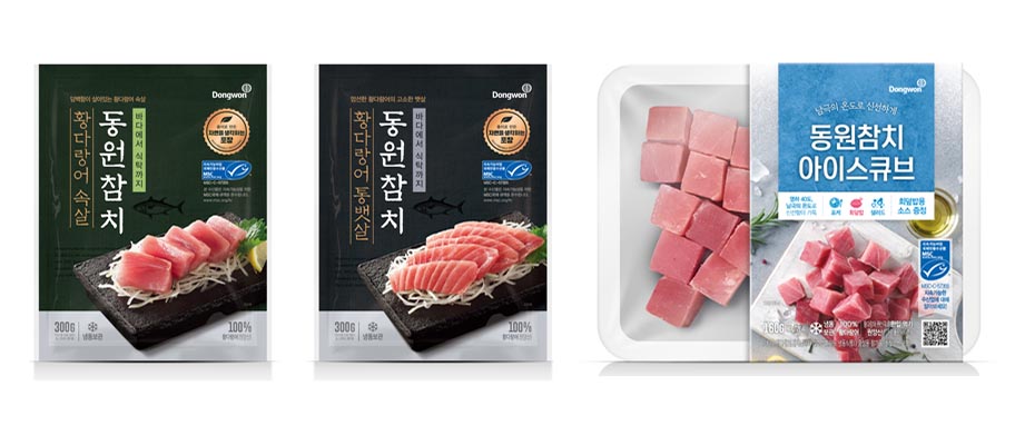 Packaging of three tuna products with MSC label and Korean text