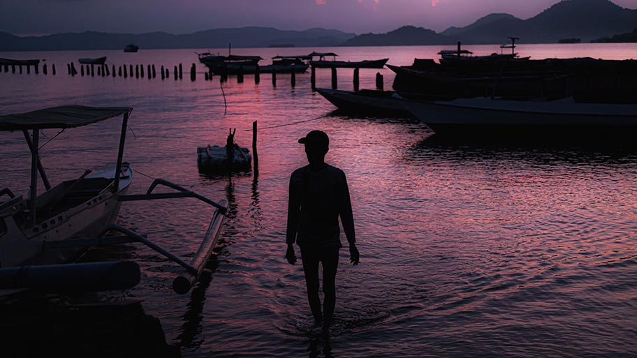 Silhouette of man at dusk looking out over small fishing boats on water