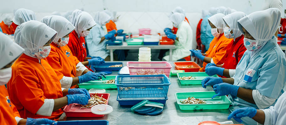 Women in protective clothing sitting at tables processing crab