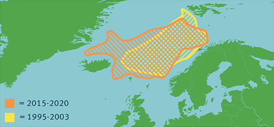 Map showing changes in distribution of Atlanto-Scandian herring between 1995 and 2020