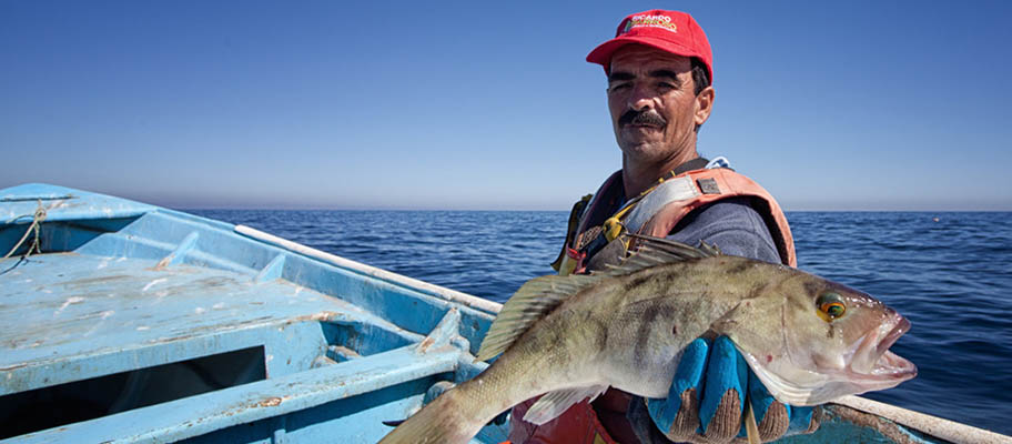 Fisherman in small boat on blue sea holding fish towards camera