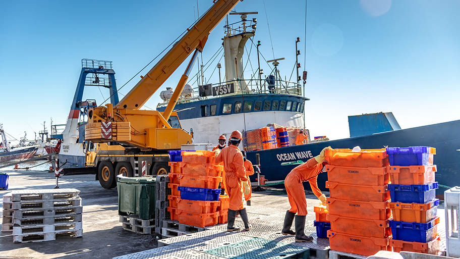 Men in orange overalls moving brightly coloured crates at harbour with large ship behind