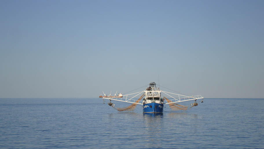 Ship at sea with nets cast on both sides