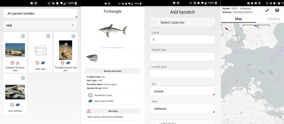 Composite: four Screenshots of smartphone app showing fish species and map