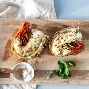 Wild sustainable BBQ rock lobster with salsa verde butter