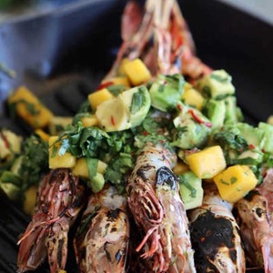 Coconut & ginger marinated prawns with sweet and sour mango salsa