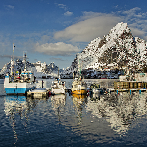 Fishing boats docked in a row against snowy mountains, reflected in the water in front