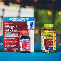 Bottles of MSC certified omega-3 krill oil and fish oil sold by Sam's club