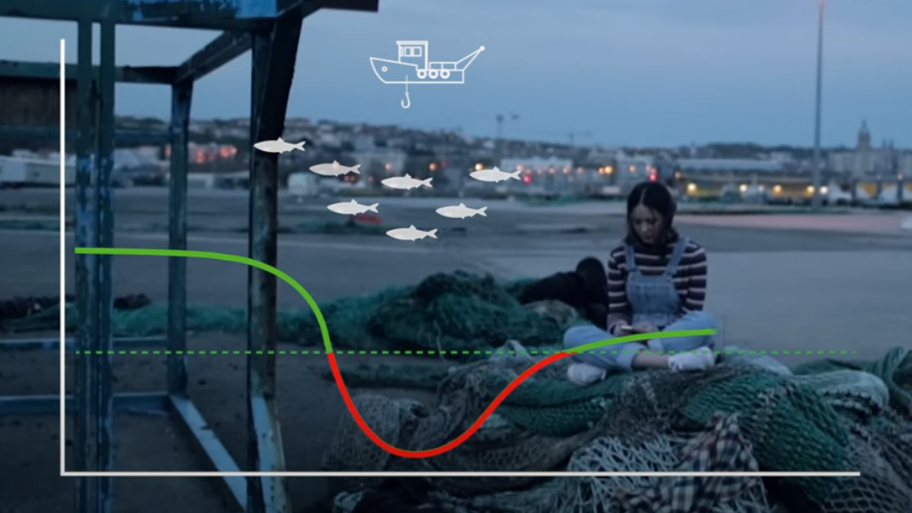 Still from My Dad Fishes for the Future video showing girl on phone with overlay of graphic about fish stocks