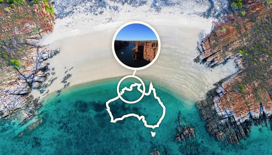 Aerial view of bay with map of Australia overlaid to show position