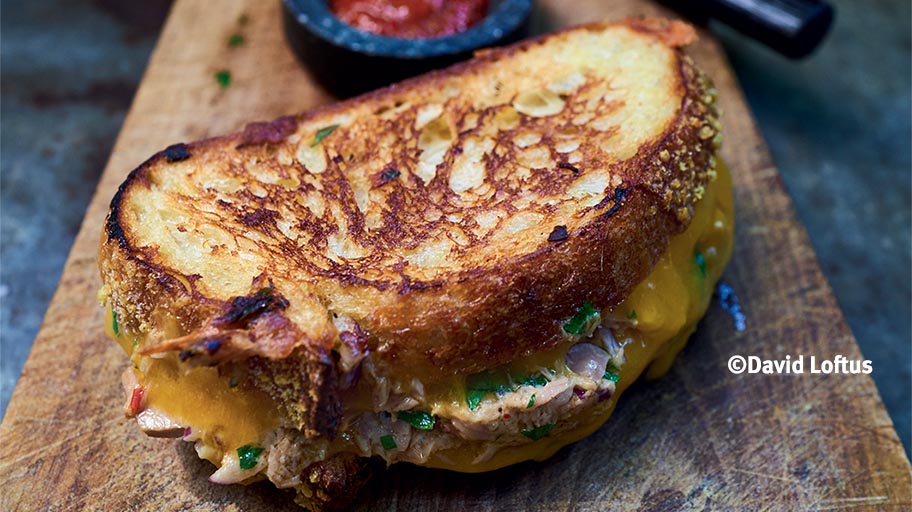 Close-up of toasted tuna melt with ketchup by Bart van Olphen