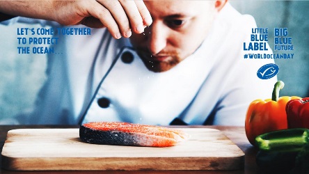 Chef sprinkling salt on salmon, with MSC logo and World Ocean Day message