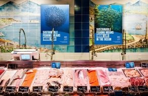 Fresh Fish counter at a grocery story with the MSC world ocean day creative