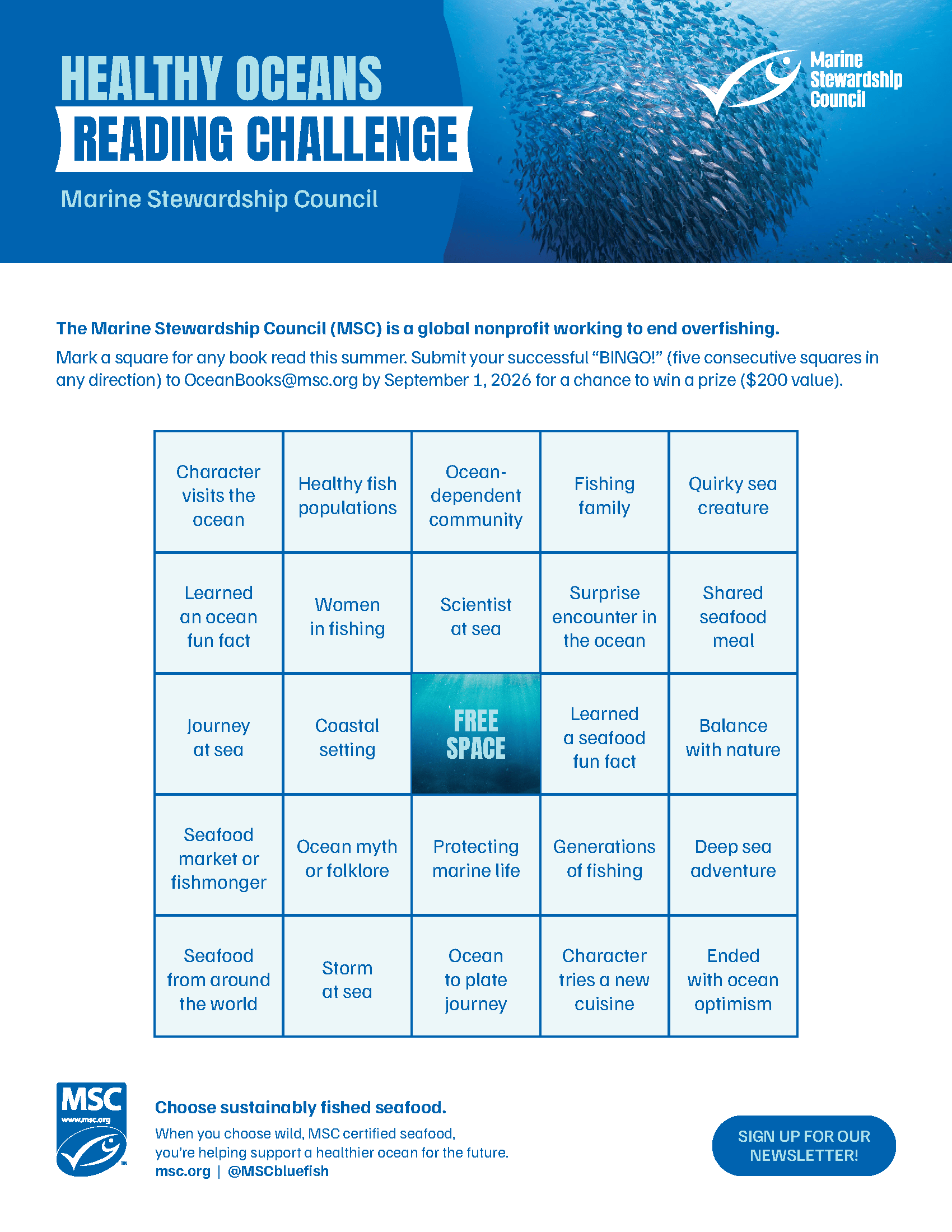 MSC ocean reading bingo card
