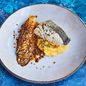 Steamed Atlantic Pollock with Peppered Rutabaga Mash, Cider-Braised Cabbage, and an Herby Crumb